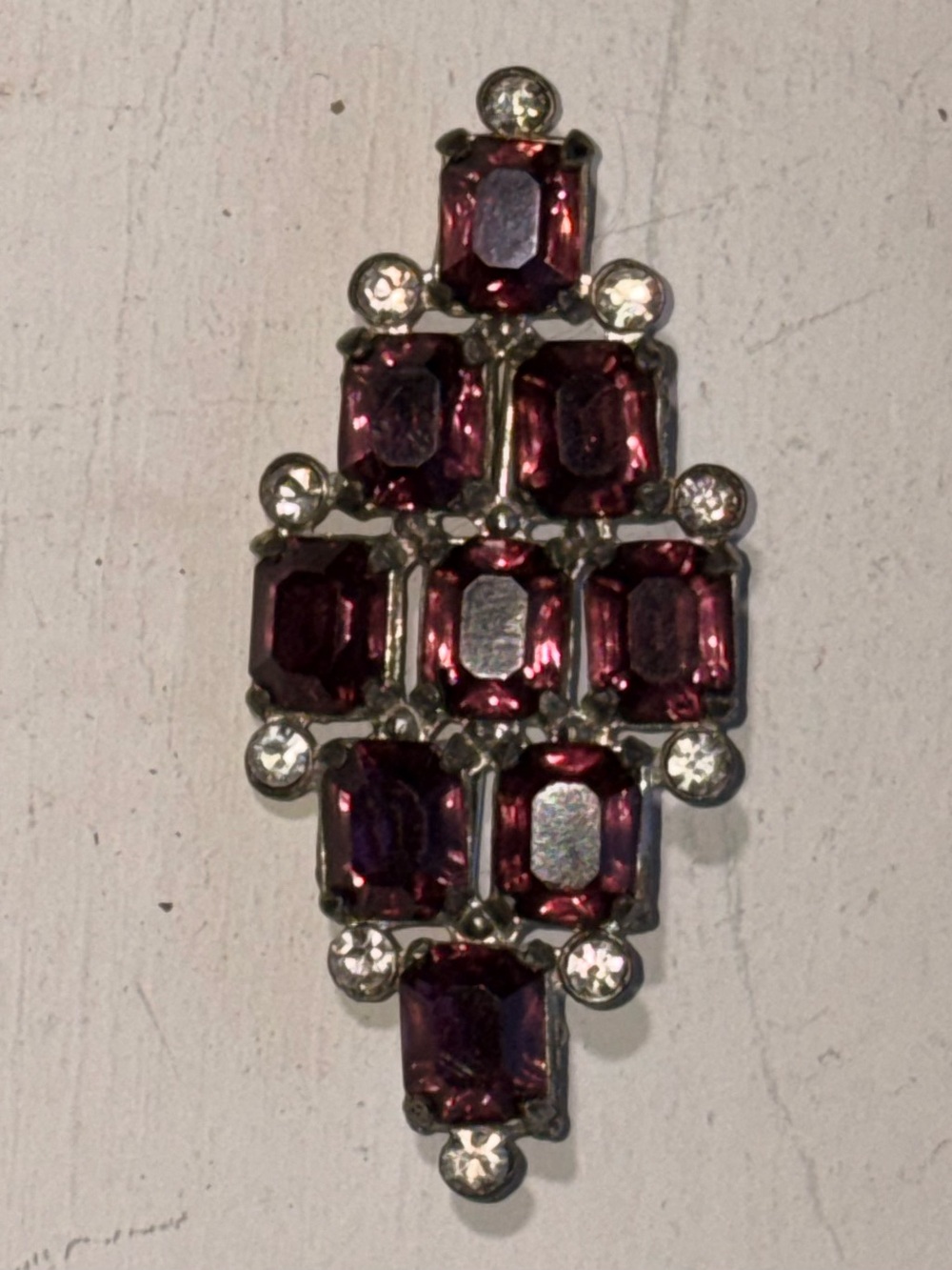 Vintage Art Deco Amethyst Purple Rhinestone Silver Tone Geometric Brooch Pin